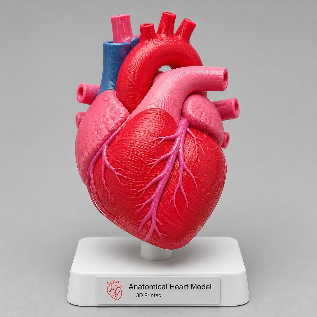 Vivid red and pink 3D printed anatomical heart model on a stand
