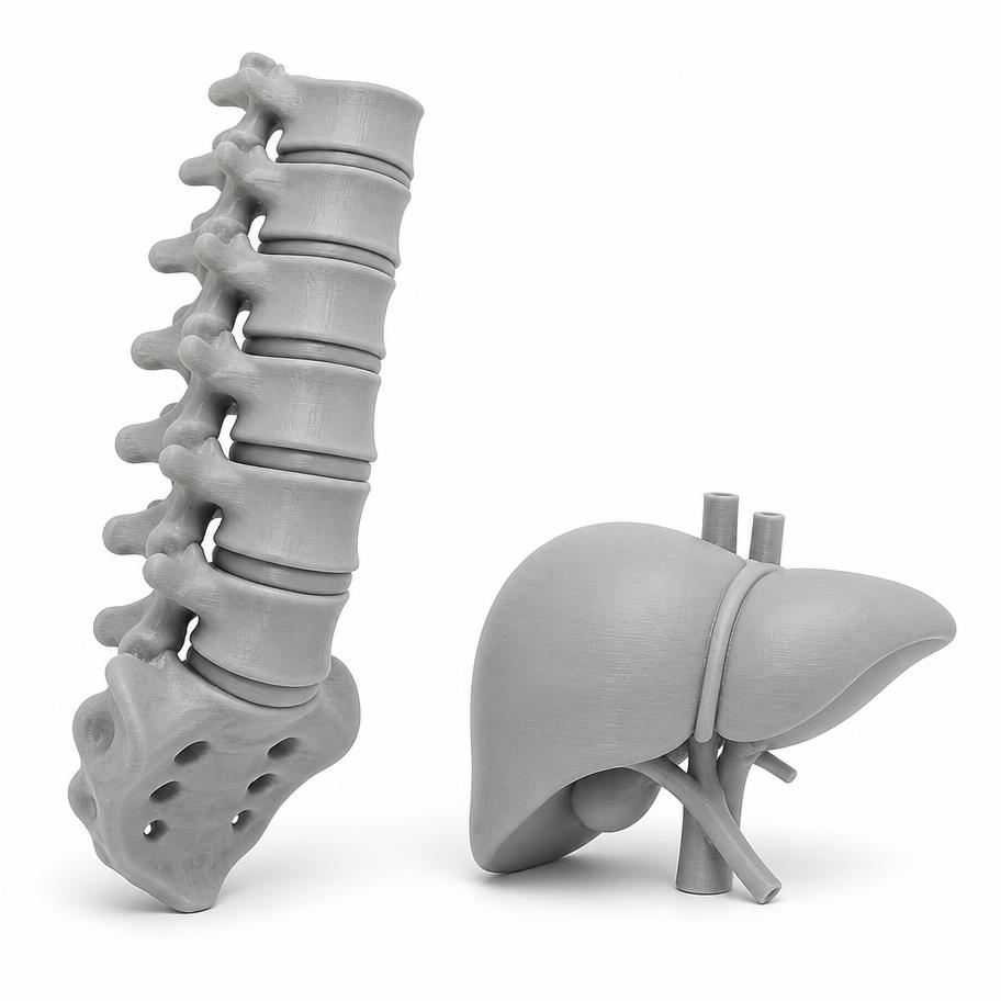 3D printed lumbar spine and liver anatomy models in gray