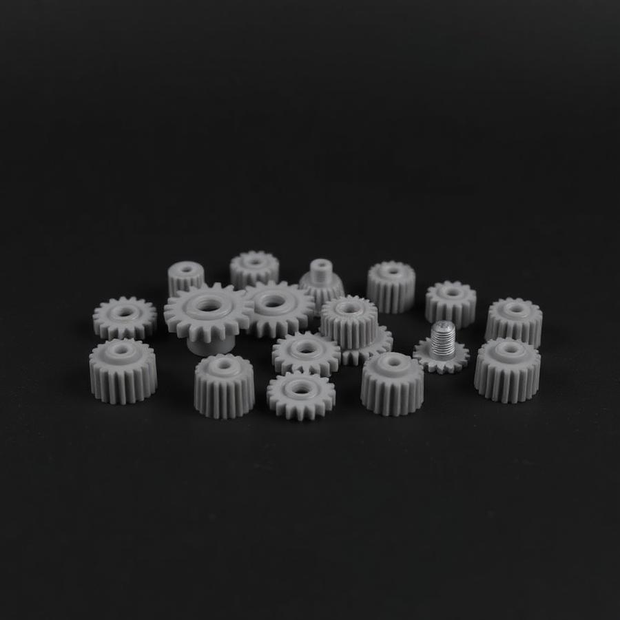 Batch of gray 3D printed gears and knobs
