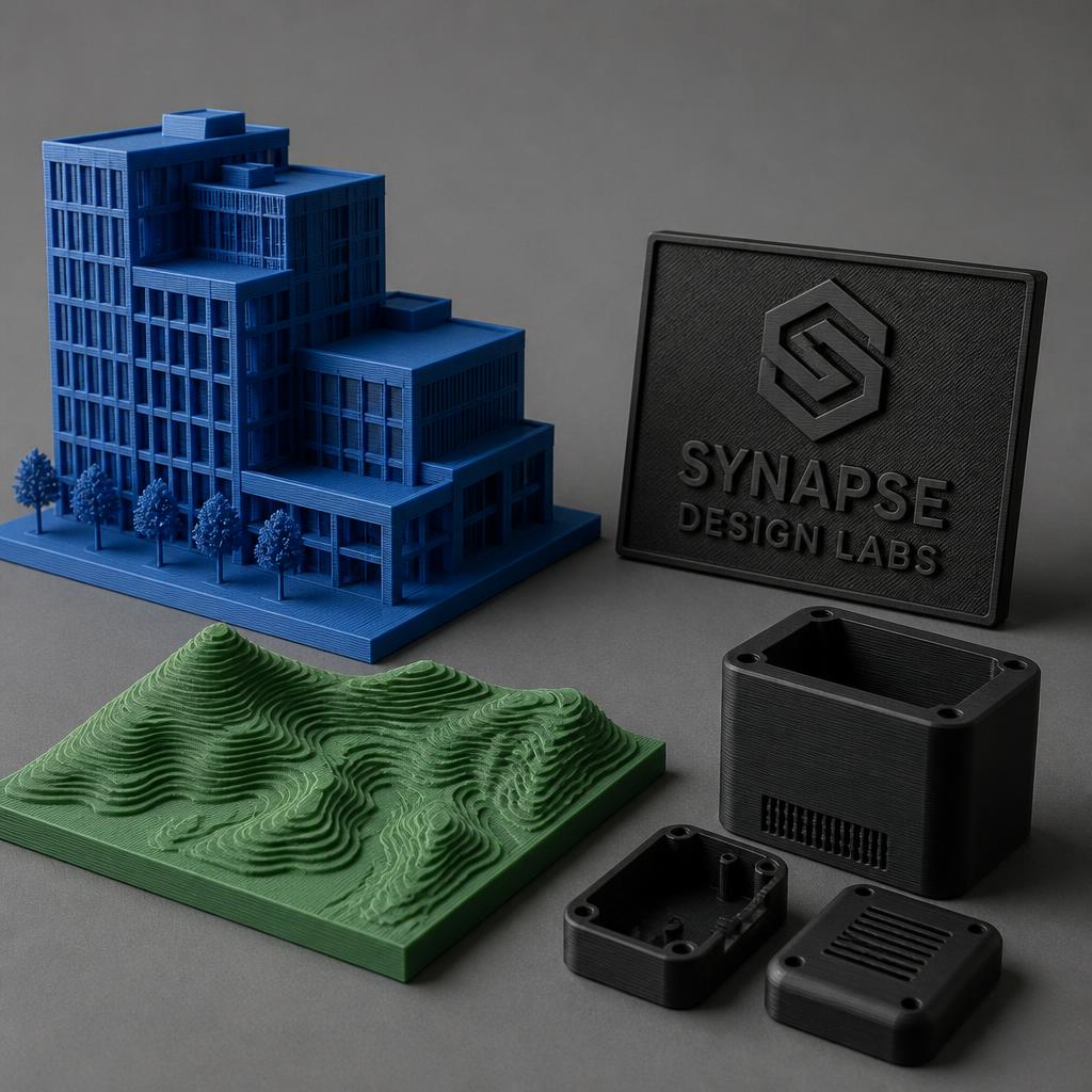 Blue architectural building model, charcoal logo plate, green terrain model and prototype enclosures