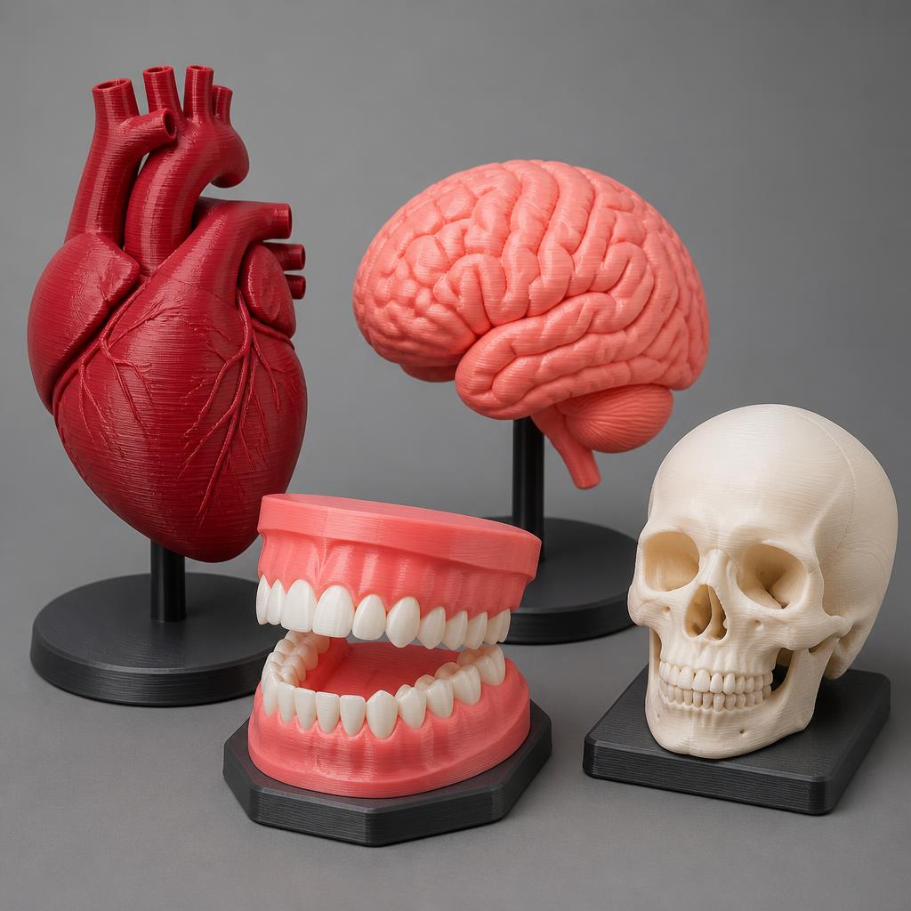 Vibrant 3D printed heart, brain, dental jaw and skull teaching models on display bases